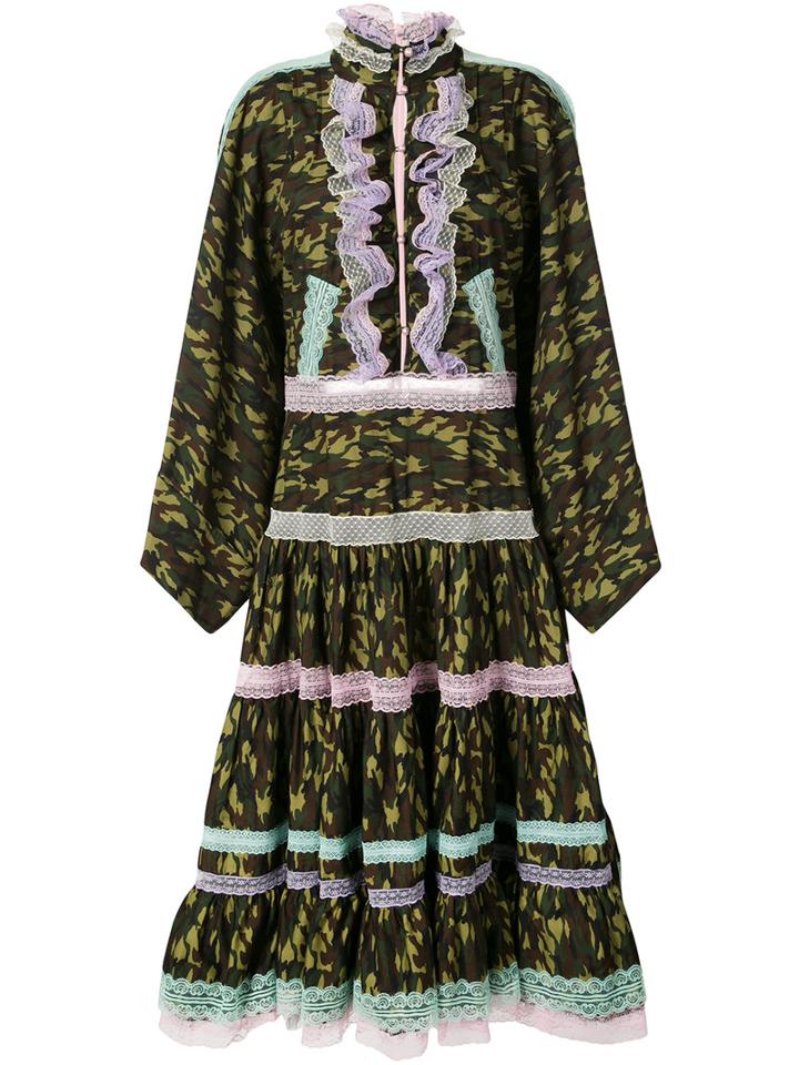 Natasha Zinko - Lace Trim Camouflage Dress - Women - Cotton - 38, Green, Cotton
