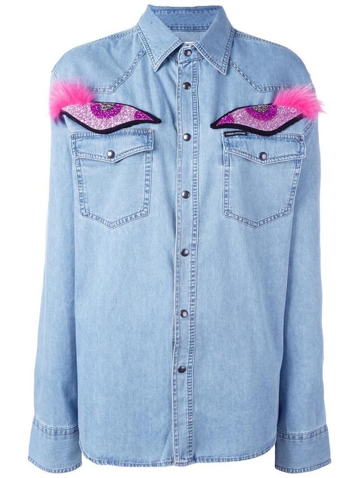 Forte Couture Glitter Eye Appliqué Denim Shirt, Women's, Size: Small, Blue, Cotton