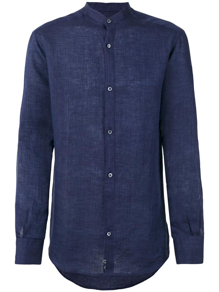 Ermenegildo Zegna - Long Sleeved Collarless Shirt - Men - Linen/flax - Xl, Blue, Linen/flax