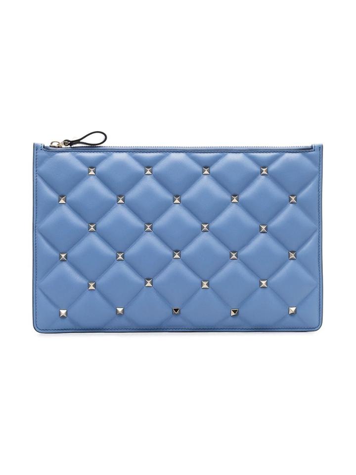 Valentino Blue Quilted Studded Leather Zip Clutch Bag