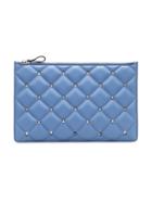 Valentino Blue Quilted Studded Leather Zip Clutch Bag