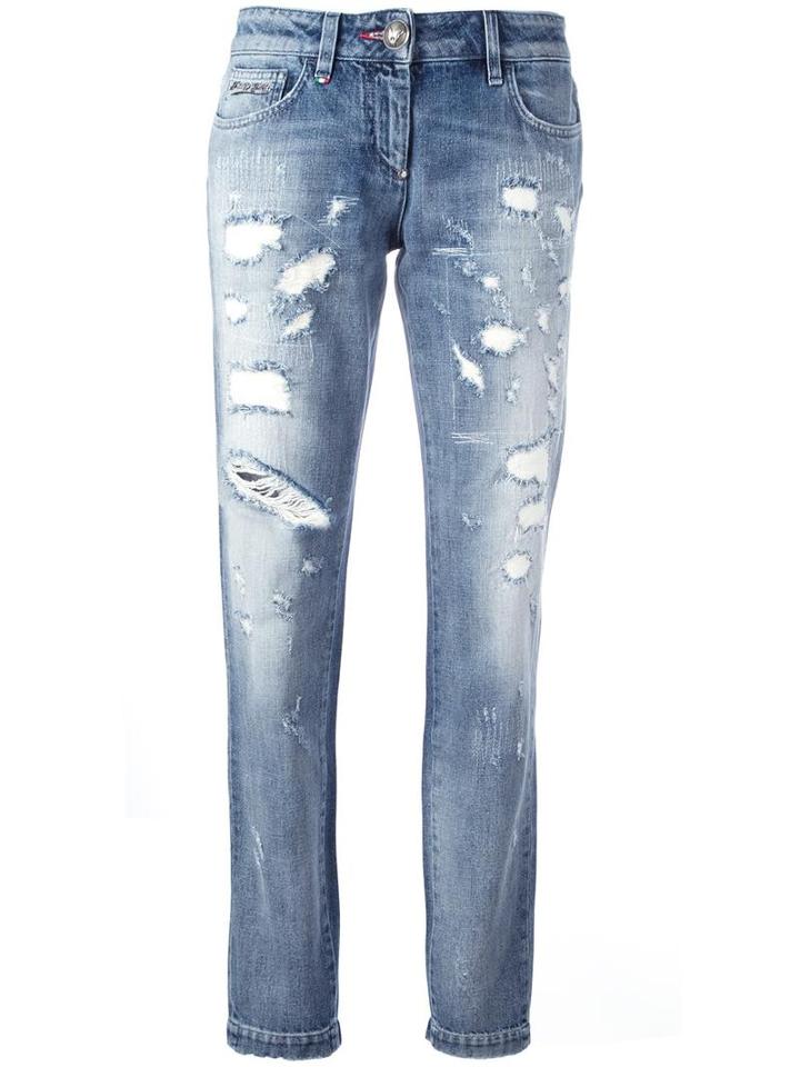 Philipp Plein Distressed Straight Leg Jeans, Women's, Size: 25, Blue, Cotton/spandex/elastane/polyester
