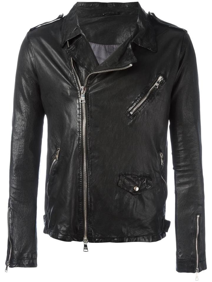 Giorgio Brato Chest Pocket Biker Jacket, Men's, Size: 50, Black, Leather/cotton/nylon