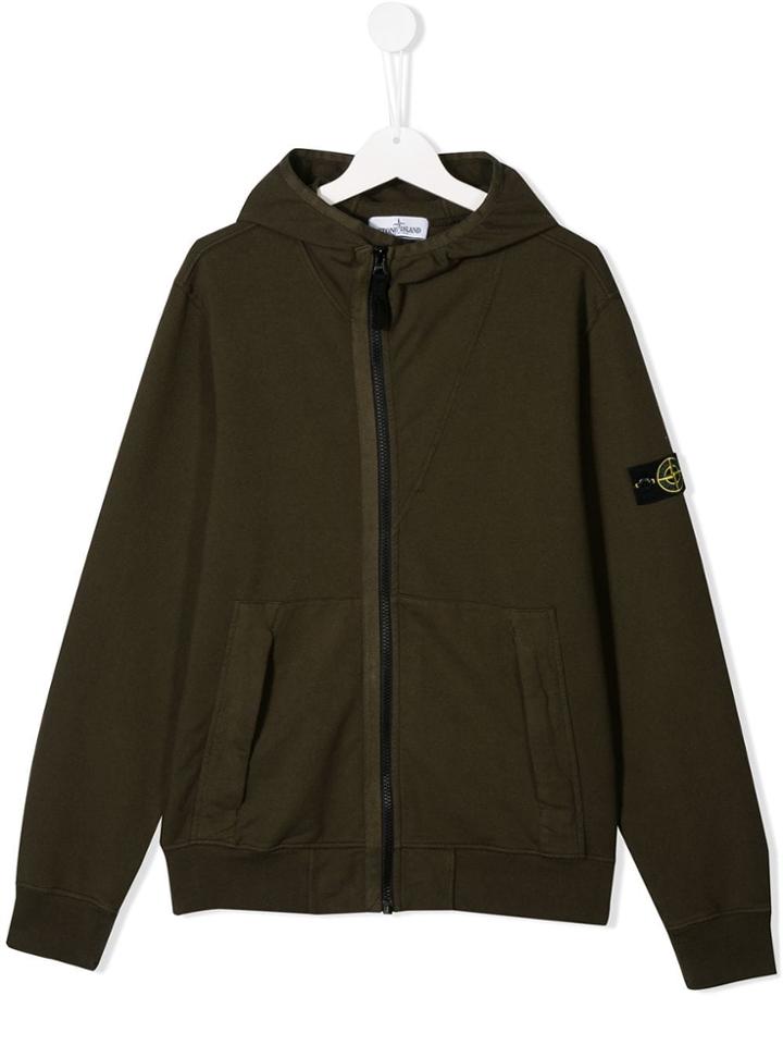 Stone Island Junior Teen Zipped Hooded Sweatshirt - Green