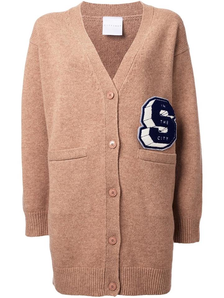 Cityshop Letter Emblem Varsity Cardigan, Women's, Brown, Lambs Wool