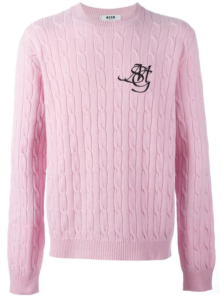 Msgm Logo Print Cable Knit Jumper, Men's, Size: Small, Pink/purple, Wool/polyamide