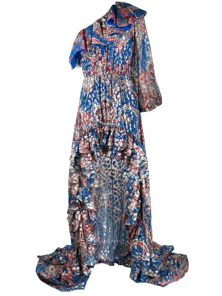 Dundas Lurex Printed One-shoulder Maxi Dress - Blue