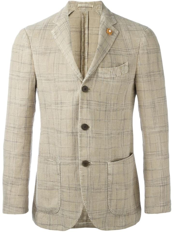 Lardini Soft Check Blazer, Men's, Size: 50, Nude/neutrals, Linen/flax/cotton/polyester