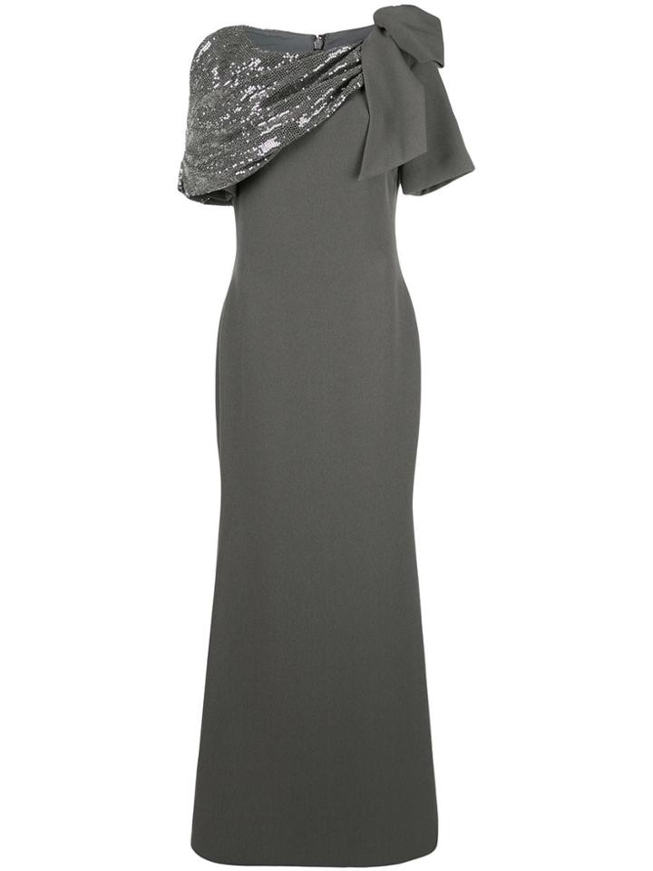 Badgley Mischka Asymmetrical Draped Shoulder Gown - Grey