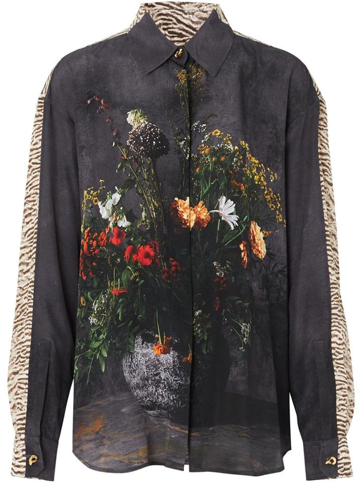 Burberry Floral And Leopard Print Silk Shirt - Black