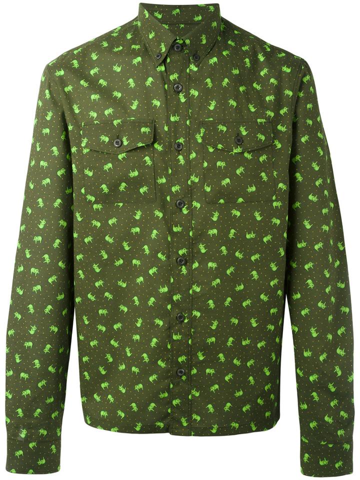 Prada Elephant Print Button-down Shirt, Men's, Size: 41, Green, Cotton