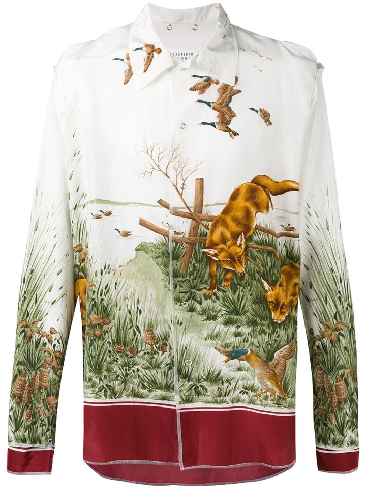 Maison Margiela Fox Print Shirt, Men's, Size: 38, White, Silk/cotton