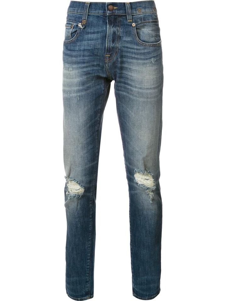 R13 Distressed Skinny Jeans, Men's, Size: 31, Blue, Cotton/polyester/spandex/elastane