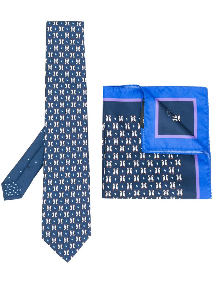 Etro Penguin Print Tie And Pocket Square Set - Blue