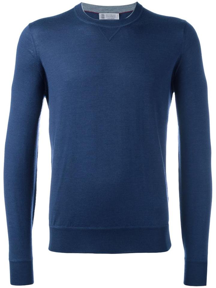 Brunello Cucinelli Crew Neck Jumper, Men's, Size: 54, Blue, Cashmere/wool