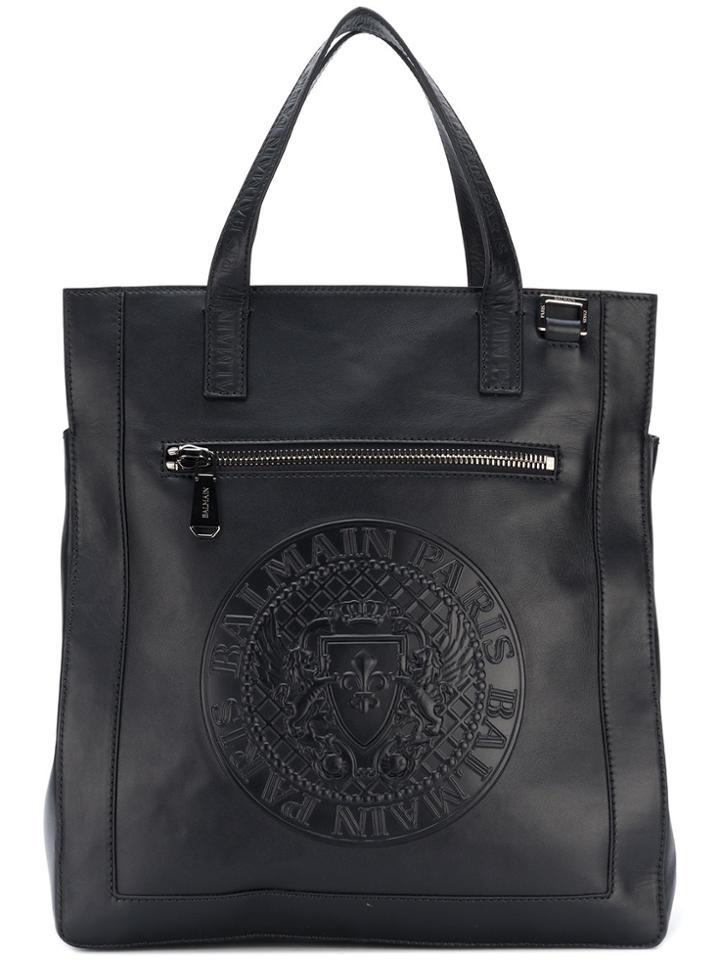Balmain Embossed Logo Crest Tote - Black