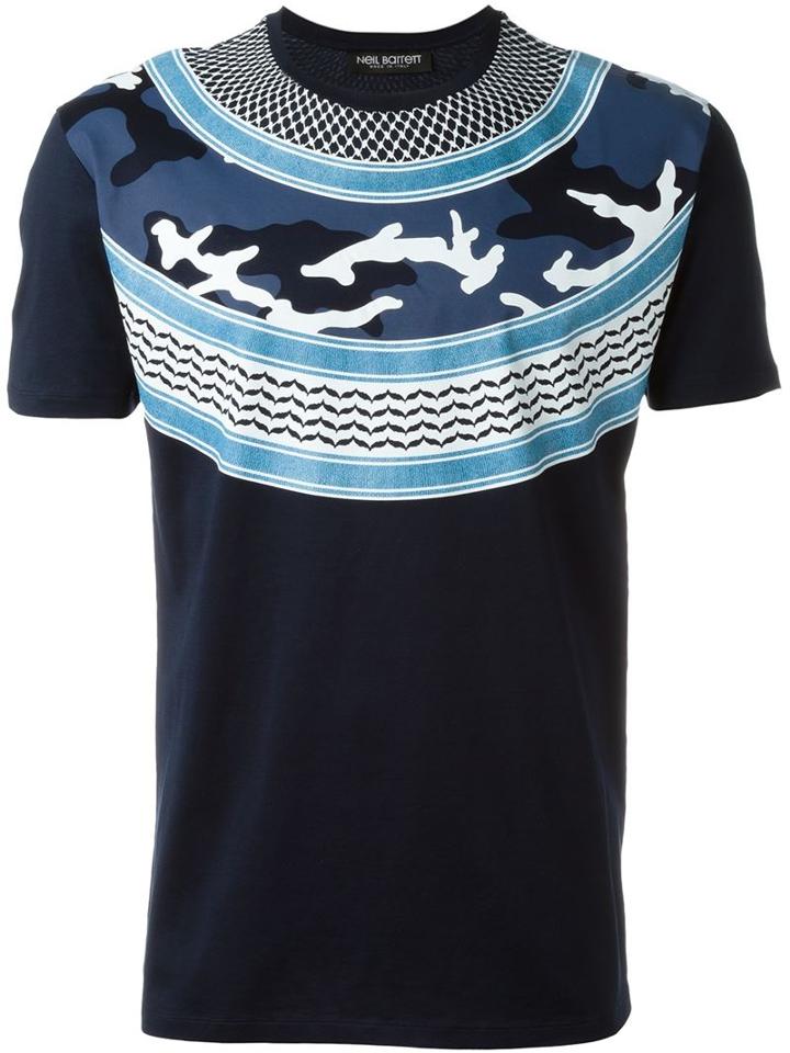 Neil Barrett Patterned Camouflage T-shirt, Men's, Size: L, Blue, Cotton
