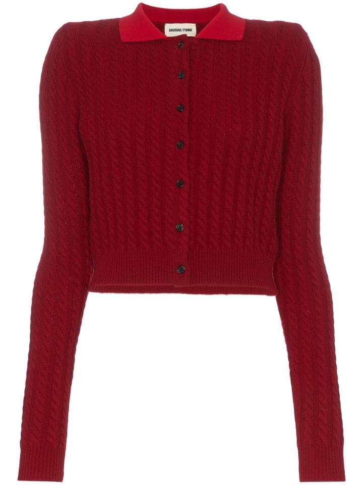 Shushu/tong Cable Knit Cropped Wool Cashmere-blend Cardigan - Red