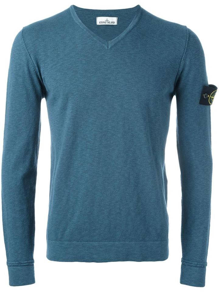 Stone Island V-neck Jumper, Men's, Size: Xl, Blue, Cotton/polyamide