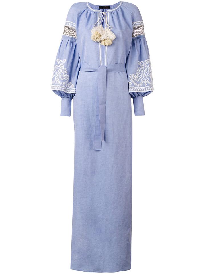 Wandering - Embroidered Bell Sleeve Kaftan - Women - Cotton/linen/flax - 42, Blue, Cotton/linen/flax