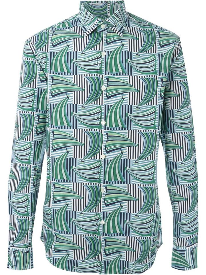 Salvatore Ferragamo Geometric Print Shirt, Men's, Size: M, Blue, Cotton