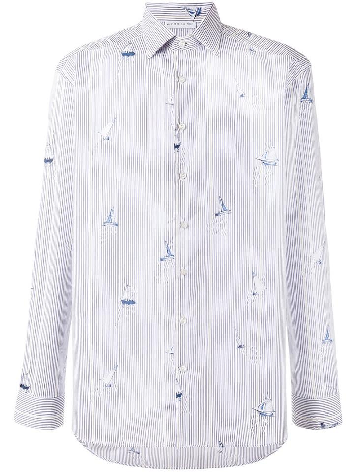 Etro Boats Print Striped Shirt, Men's, Size: 43, Blue, Cotton