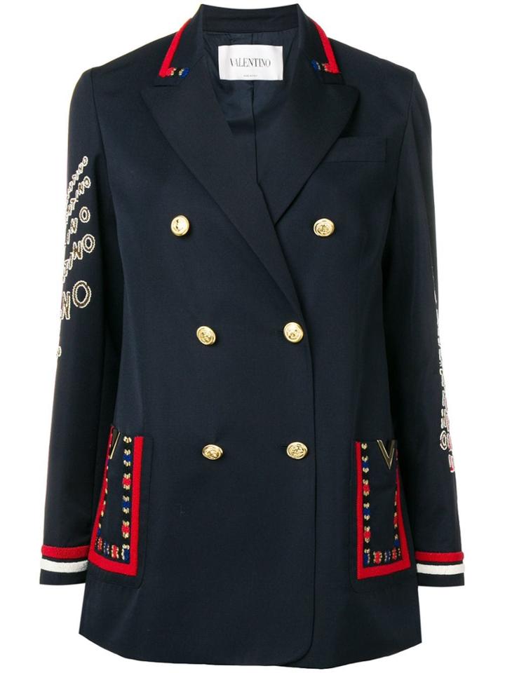 Valentino Embroidered Double Breasted Blazer - Blue