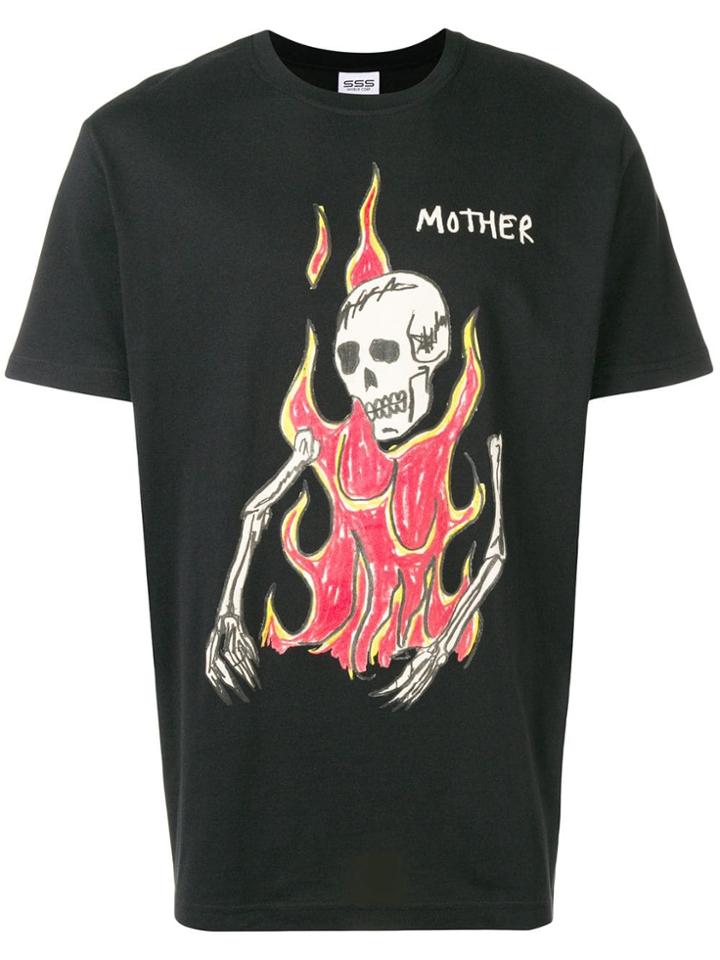 Sss World Corp Flaming Skeleton Printed T-shirt - Black