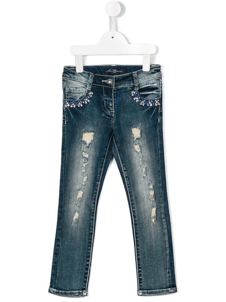 Miss Blumarine Embellished Distressed Jeans, Girl's, Size: 12 Yrs, Blue