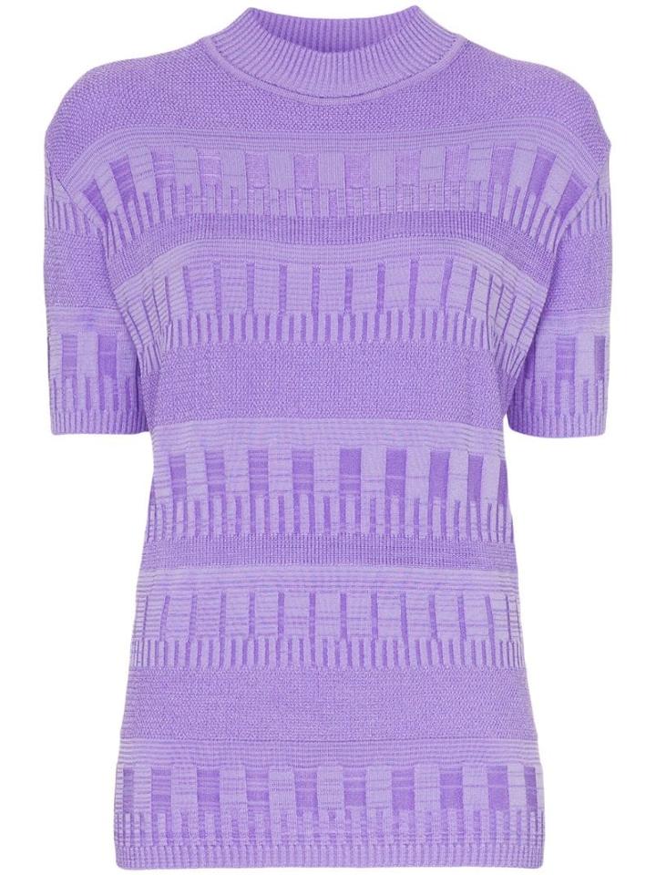 Cap Turtleneck Ribbed Detail Knitted T-shirt - Purple