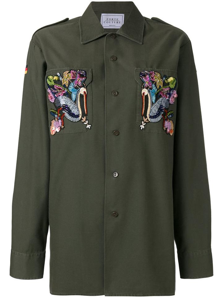 Forte Couture Embroidered Ducks Shirt, Women's, Size: 44, Green, Cotton/polyester