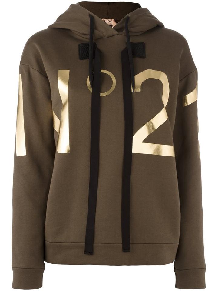 No21 Logo Print Pullover Hoodie, Women's, Size: 40, Green, Cotton