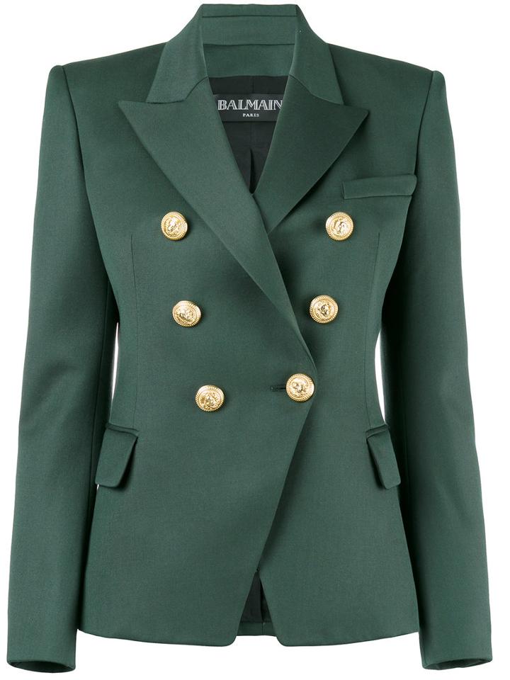 Balmain Double Breasted Blazer, Women's, Size: 40, Green, Cotton/viscose/wool
