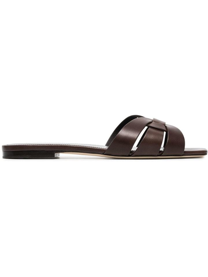 Saint Laurent Slp Tribute Lthr Flt Sndl Wvn - Brown