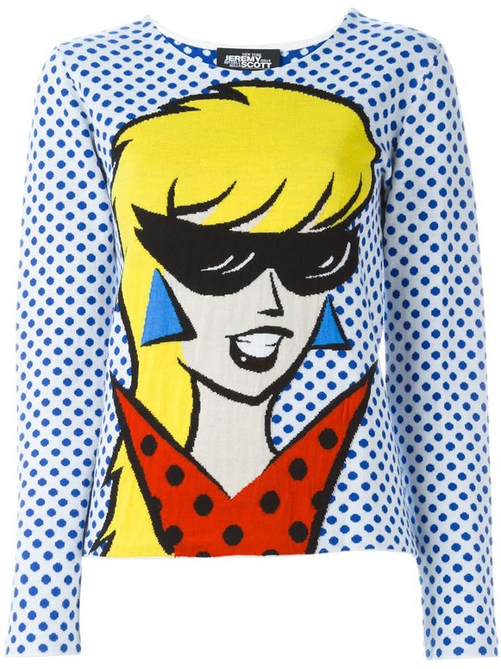 Jeremy Scott Cartoon Intarsia Sweater, Women's, Size: 40, White, Virgin Wool