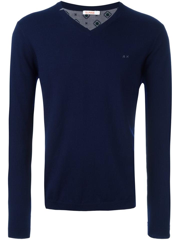 Sun 68 V Neck Jumper, Men's, Size: Large, Blue, Cotton/wool