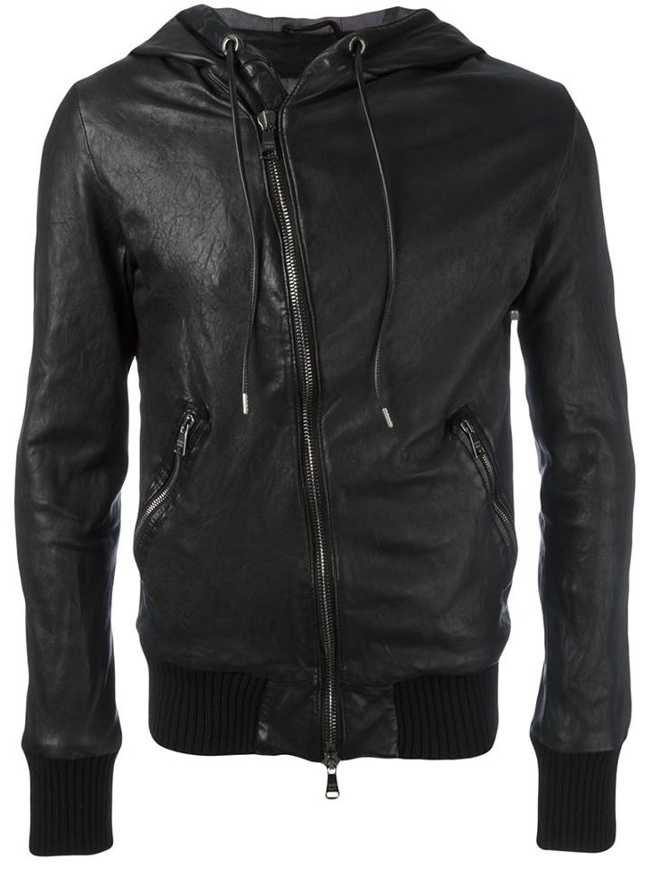 Giorgio Brato Hooded Leather Jacket, Men's, Size: 46, Black, Silk/cotton/leather/spandex/elastane