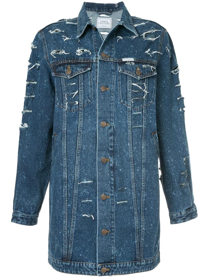 Forte Couture Long Distressed Denim Jacket - Blue