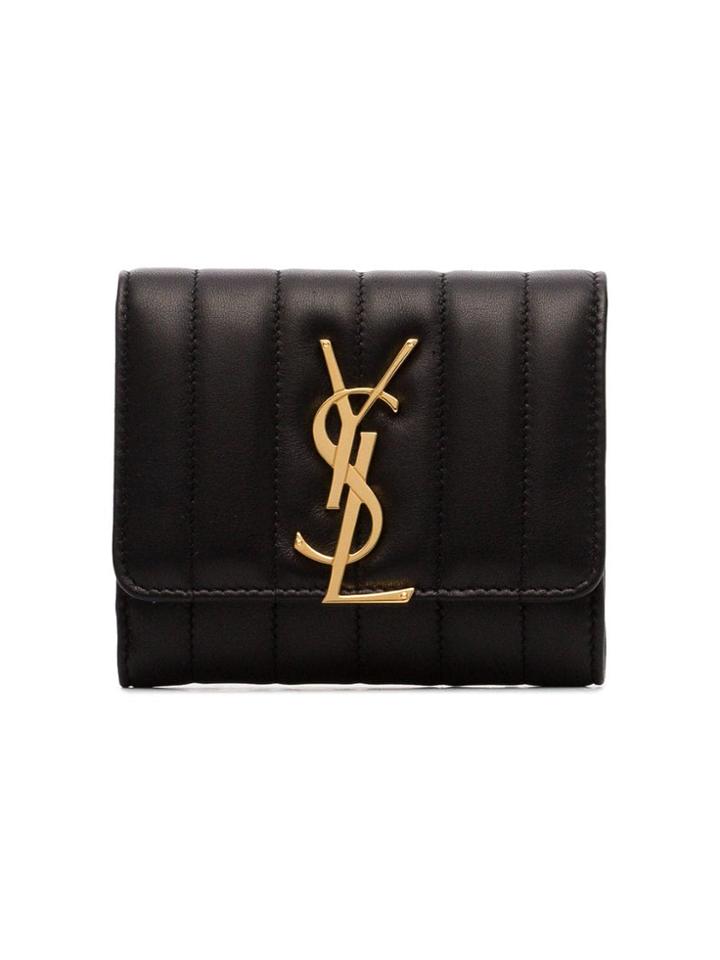 Saint Laurent Sl Blk Tri Fold Wllt Lthr W/ Gld Ysl - Black