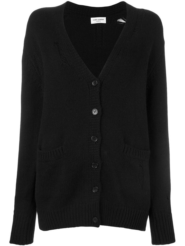 Saint Laurent Distressed Knit Cardigan, Women's, Size: Medium, Black, Cashmere