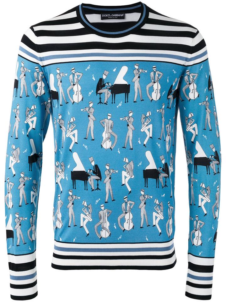 Dolce & Gabbana Jazz Musicians Print Jumper, Men's, Size: 50, Blue, Silk