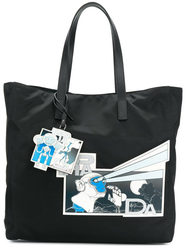 Prada Monkey Robot Logo Print Shopping Tote - Black