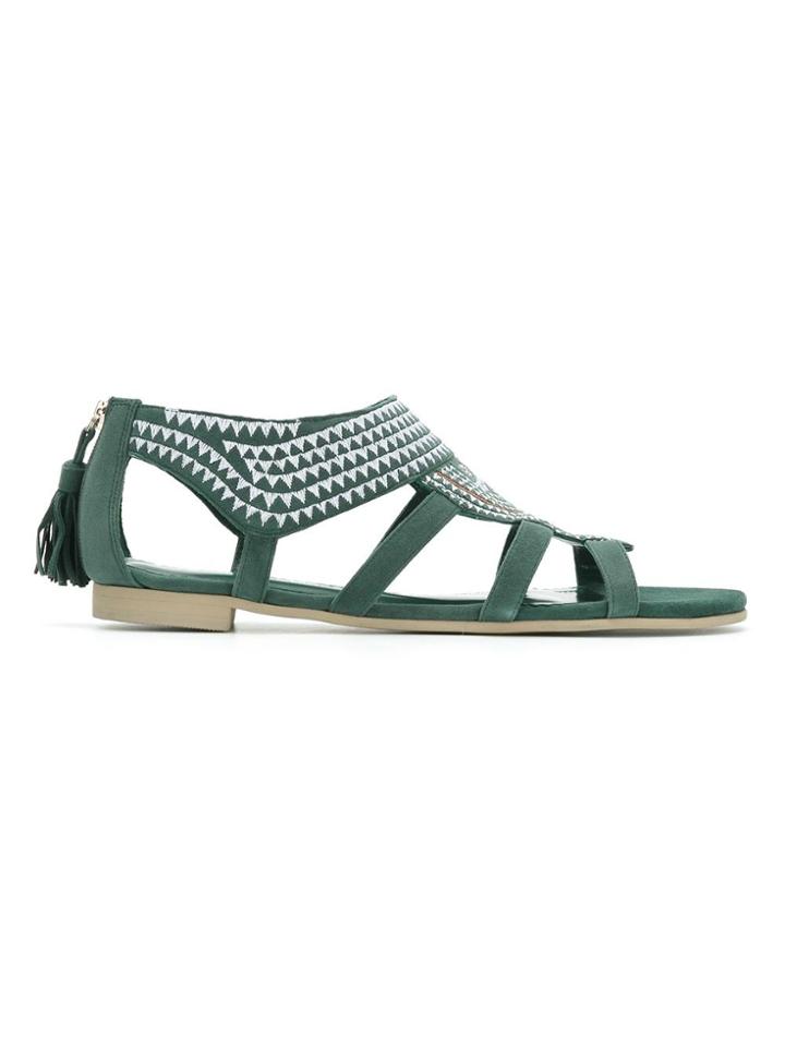 Sarah Chofakian Embroidered Flat Sandals - Green