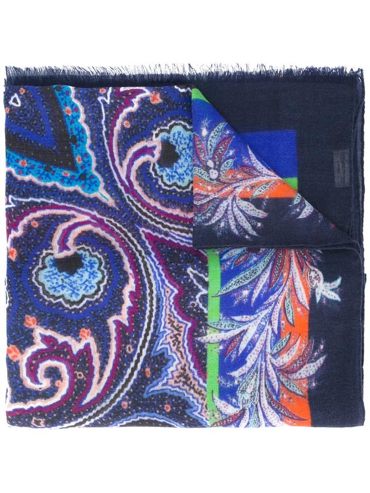 Etro Printed Scarf, Men's, Blue, Cashmere
