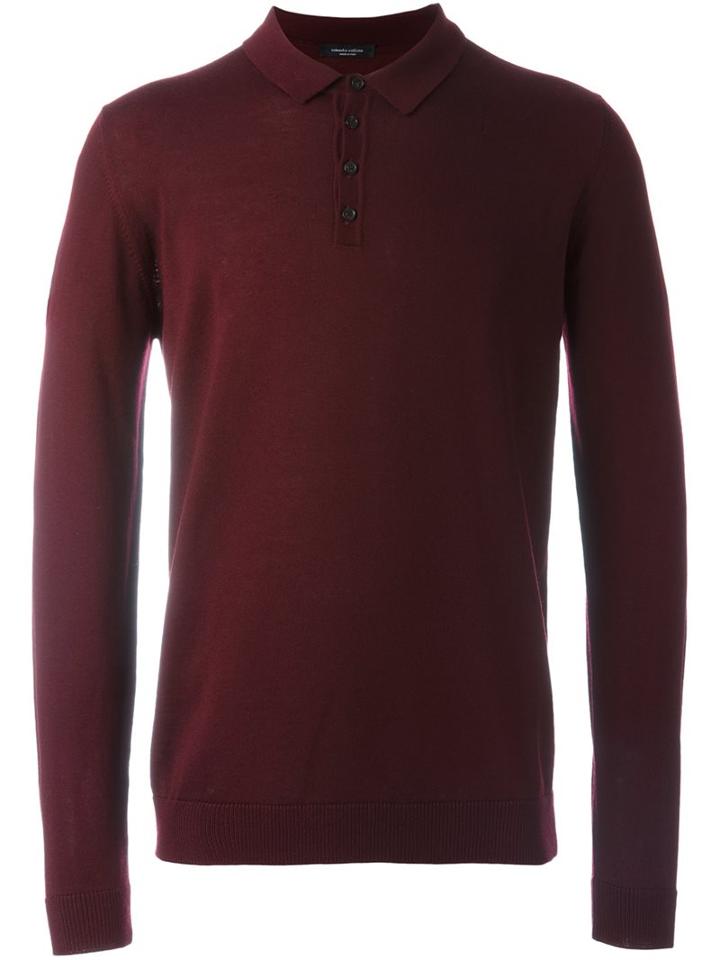 Roberto Collina Longsleeved Polo Shirt, Men's, Size: 54, Red, Merino
