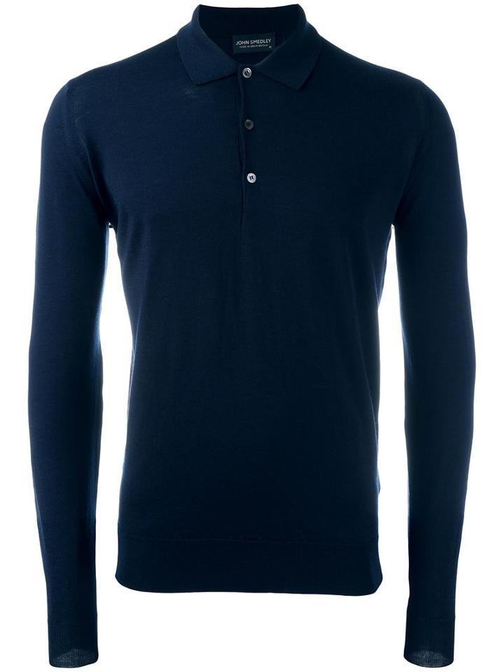 John Smedley Long Sleeved Knit Polo Shirt, Men's, Size: Medium, Blue, Virgin Wool