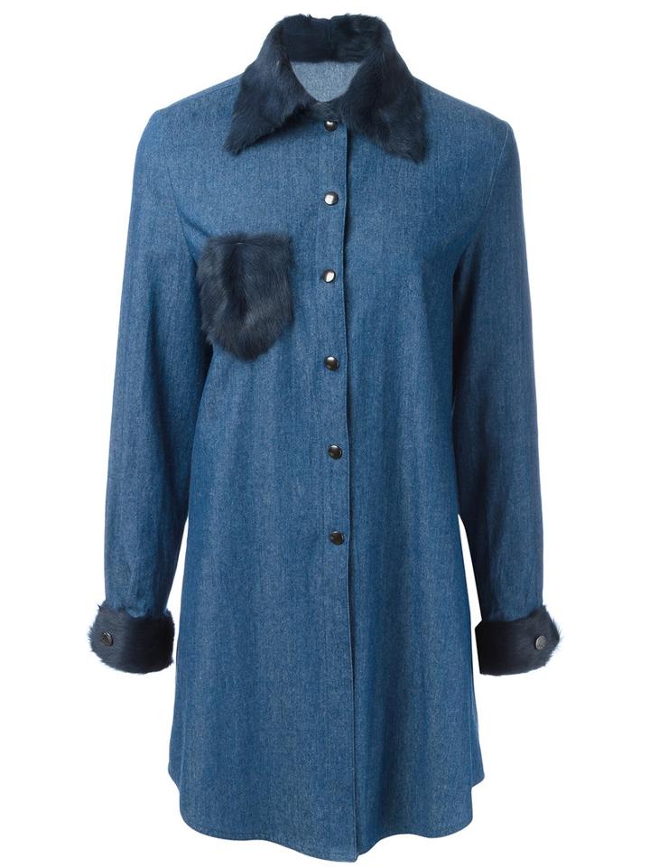 Liska - Fur Trim Shirt Dress - Women - Cotton/lamb Fur - 38, Women's, Blue, Cotton/lamb Fur