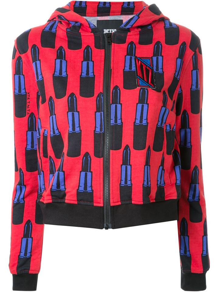 Ktz Lipstick Print Zipped Hoodie, Women's, Size: Medium, Red, Cotton