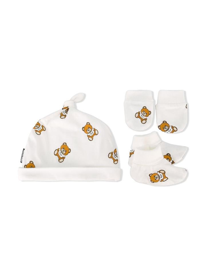 Moschino Kids Teddy Print Beanie Set, Boy's, White