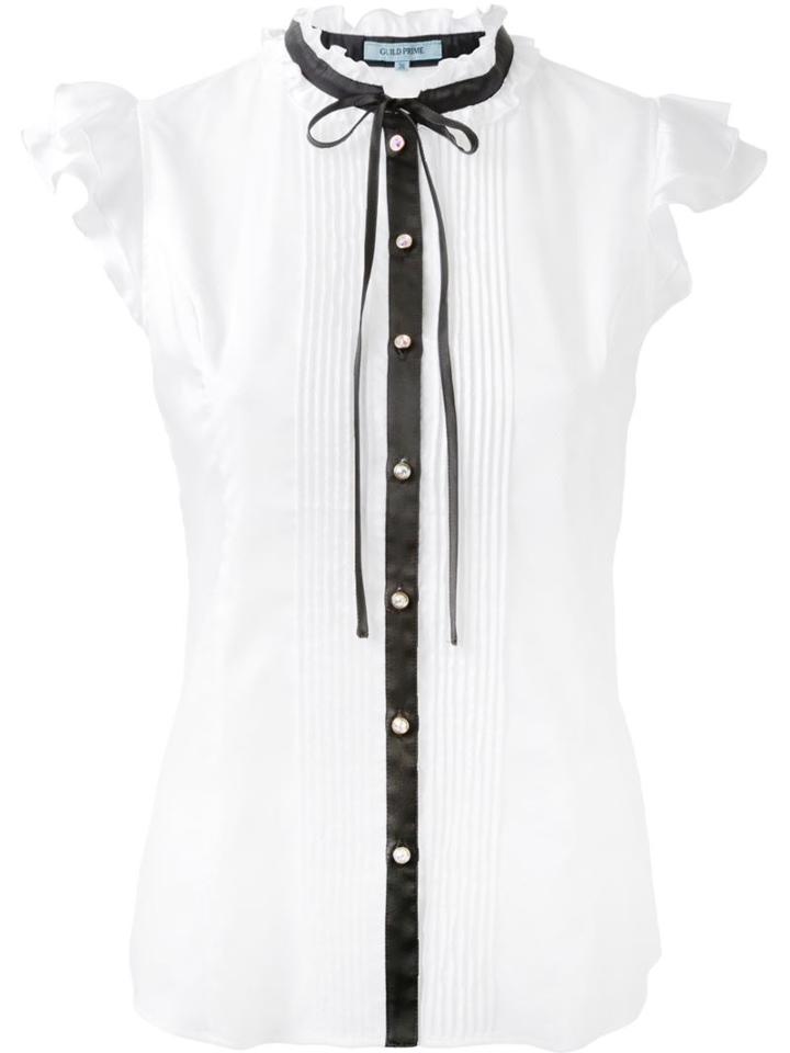Guild Prime Contrast Fastening Ruffled Lace Button Down Sleeveless Shirt, Women's, Size: 36, White, Cotton/polyester
